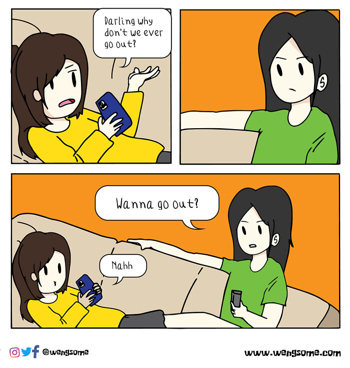 Two characters in a silly slice of life comic, one asking to go out while the other declines on the couch.