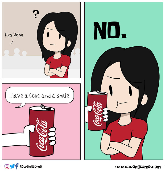 Silly slice of life comic showing a character refusing a Coke with a humorous expression and crossed arms.