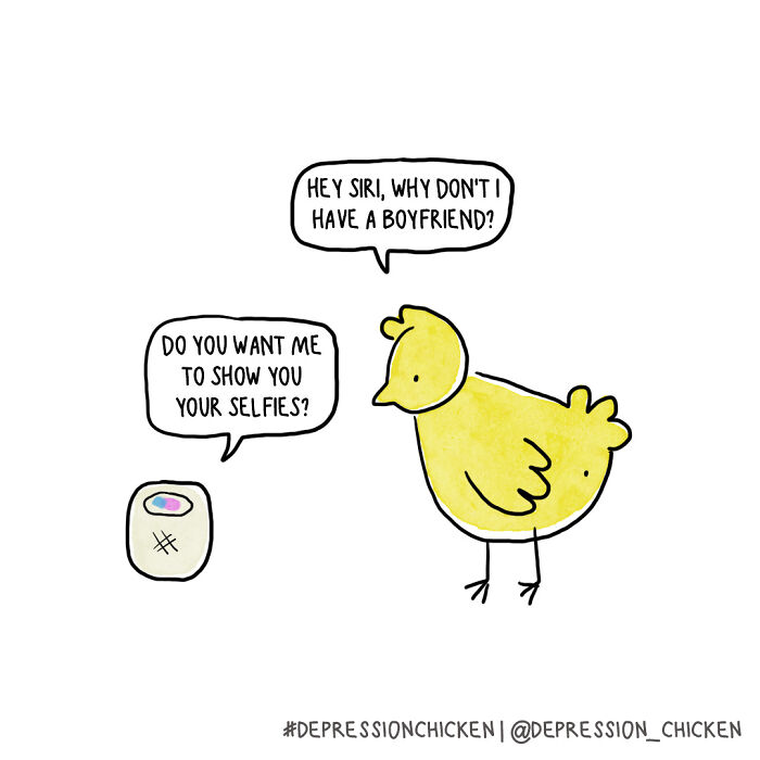 Simple comic with a yellow chicken asking a voice assistant about a boyfriend, depicting relatable depression humor.