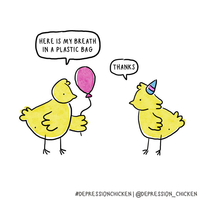 Two yellow cartoon chickens with speech bubbles, one offering breath in a plastic bag, illustrating depression comics.