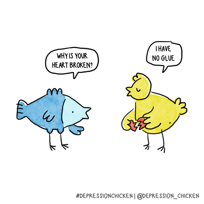 Hand-drawn comic featuring a blue fish and a yellow chicken discussing a broken heart, related to depression comics.
