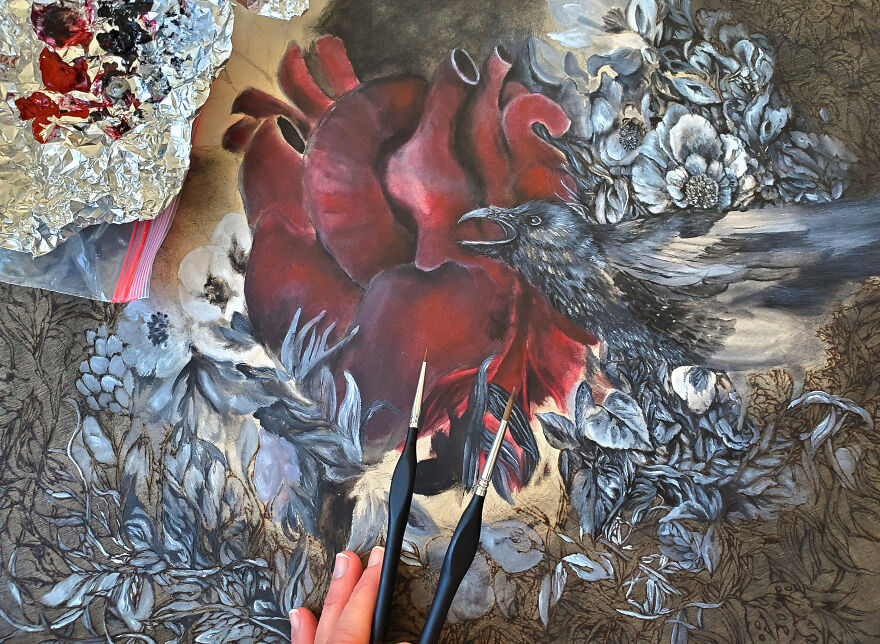 I Wood Burned Intricate Panel With Anatomical Heart And Birds