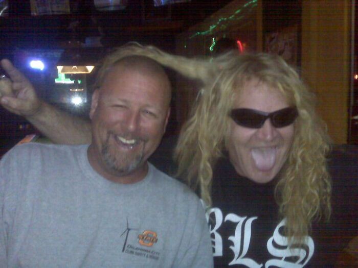 My Drum Tech & I Before A Show In Copenhagen. I Felt Like I Needed To "Donate" Dave Some Hair...