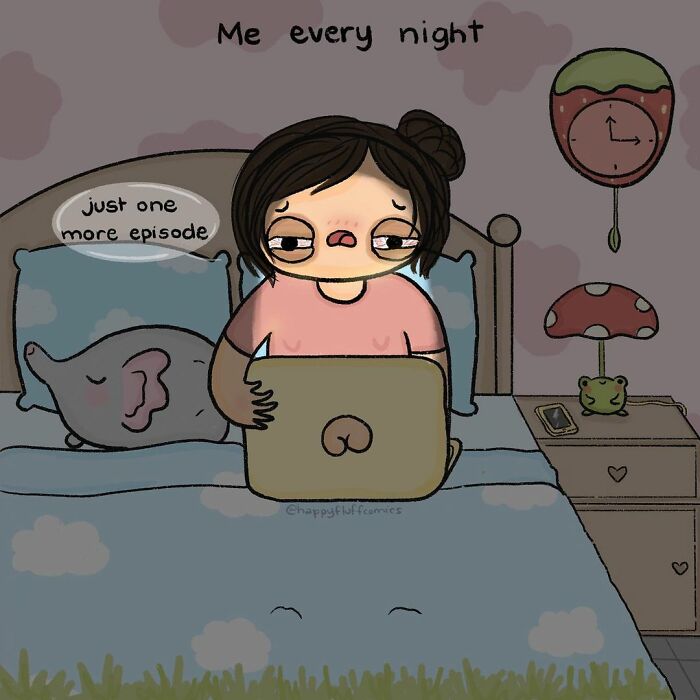 Illustration of daily life struggles showing a tired woman binge-watching on a laptop in bed at night.