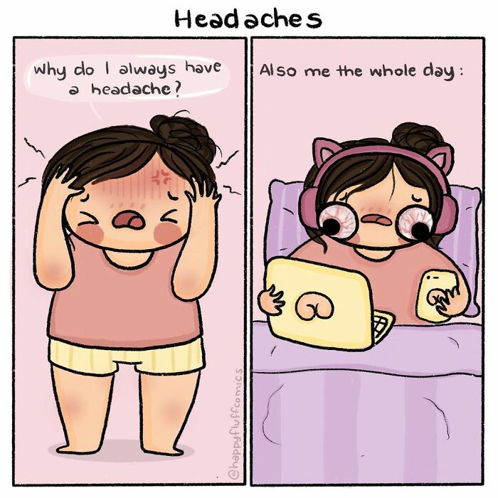 Artist illustrates daily life struggles with headaches and constant screen time in a relatable comic style.