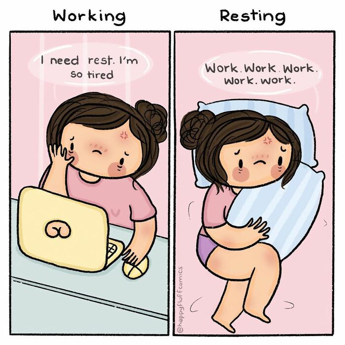 Cartoon of woman illustrating struggles in daily life, feeling tired while working and stressed while resting with pillow.