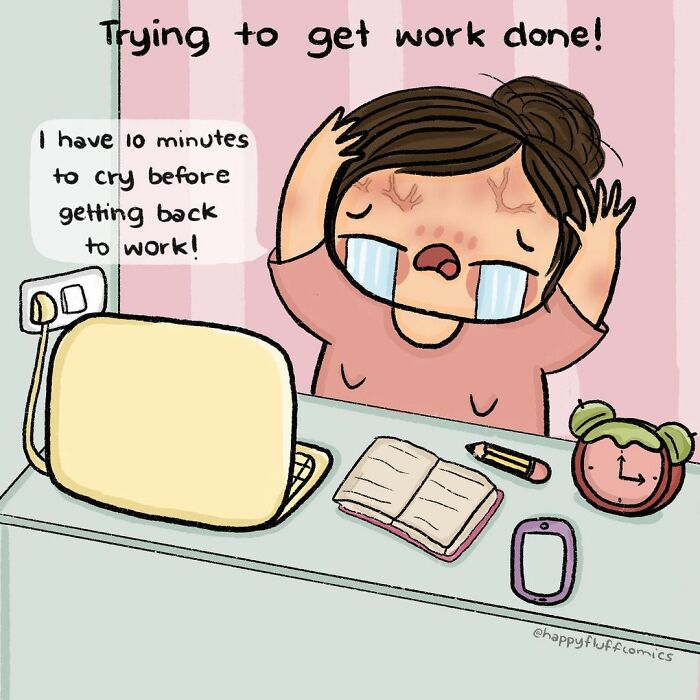 Woman artist illustrating daily struggles, stressed at desk with laptop, crying before getting back to work.