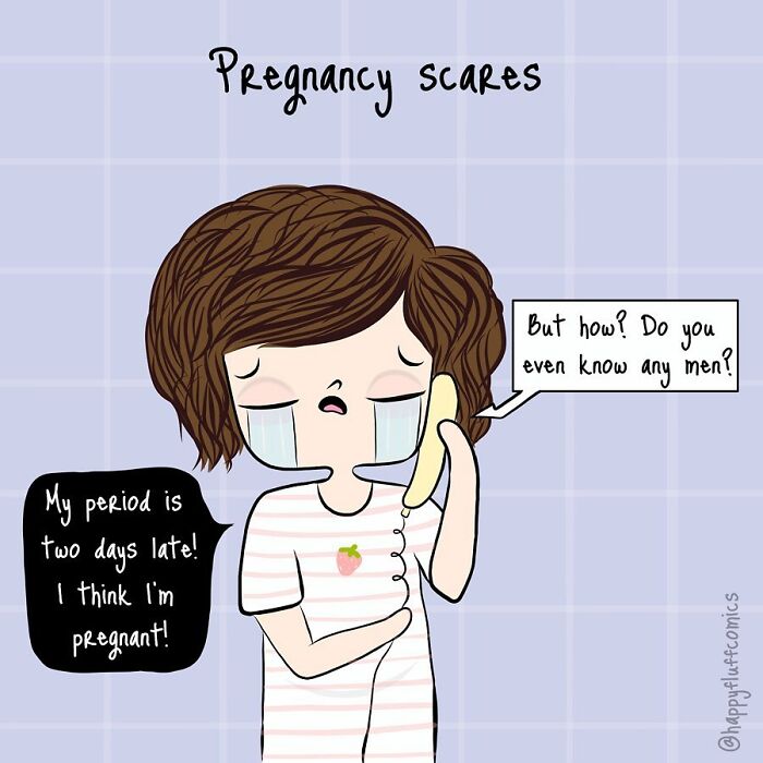 Illustration of daily life struggles showing a woman worried about a late period and possible pregnancy scare.
