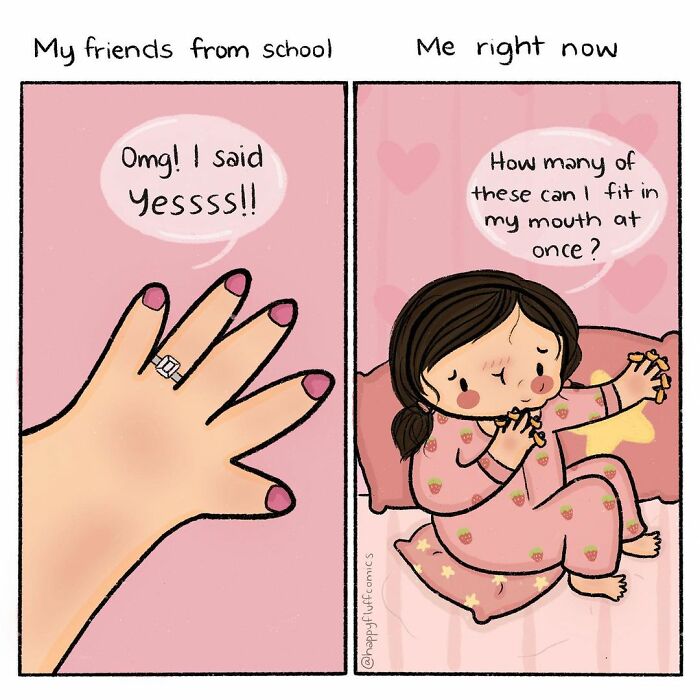 Illustration showing daily struggles with humor, comparing friends' achievements to a personal moment of eating snacks.
