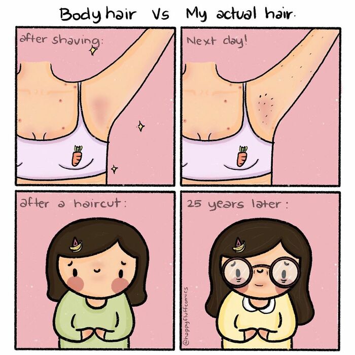 Illustration showing struggles with body hair and changing hairstyle over time by artist in daily life comics.