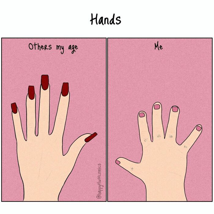 Illustration showing differences in hands with painted nails, highlighting struggles in daily life from an artist's perspective.