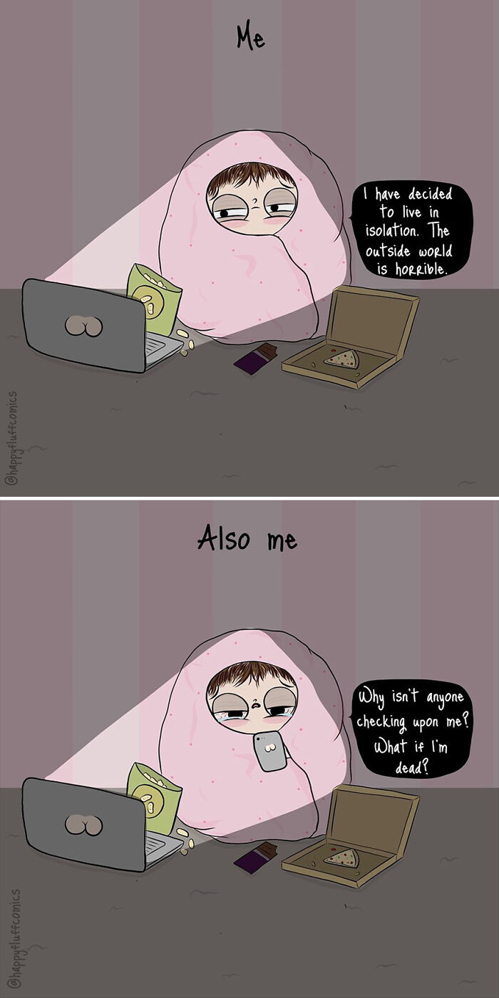 Artist illustrates daily life struggles, showing isolation and loneliness wrapped in a pink blanket with snacks and a laptop.