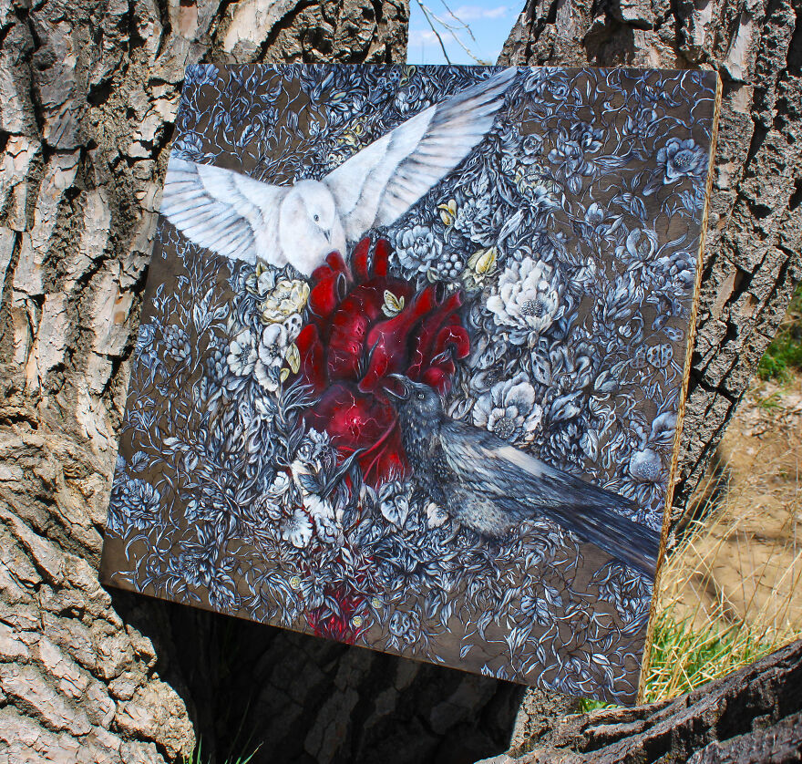 I Wood Burned Intricate Panel With Anatomical Heart And Birds