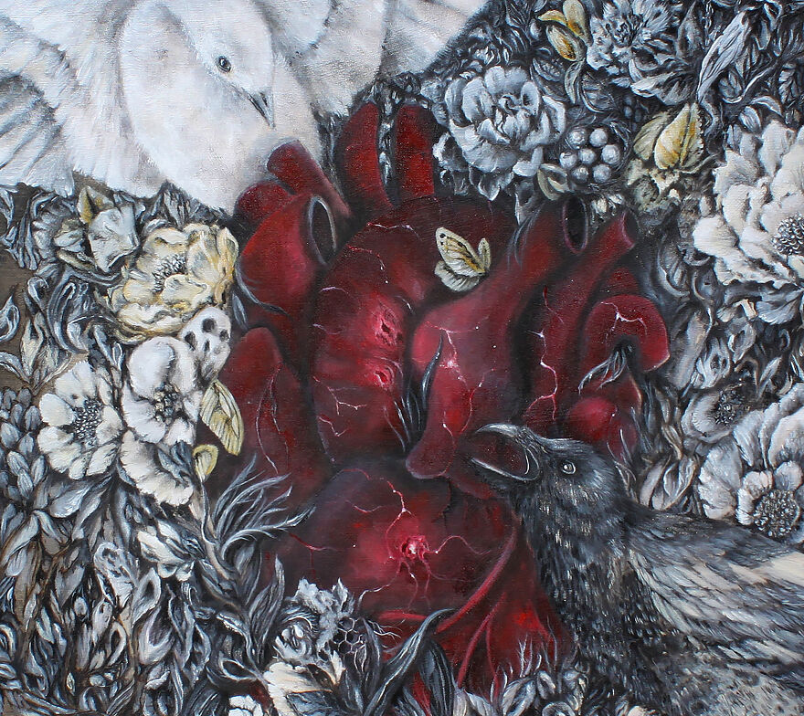 I Wood Burned Intricate Panel With Anatomical Heart And Birds