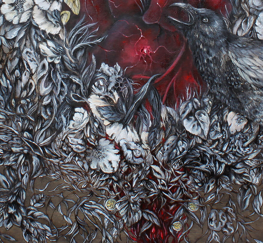 I Wood Burned Intricate Panel With Anatomical Heart And Birds