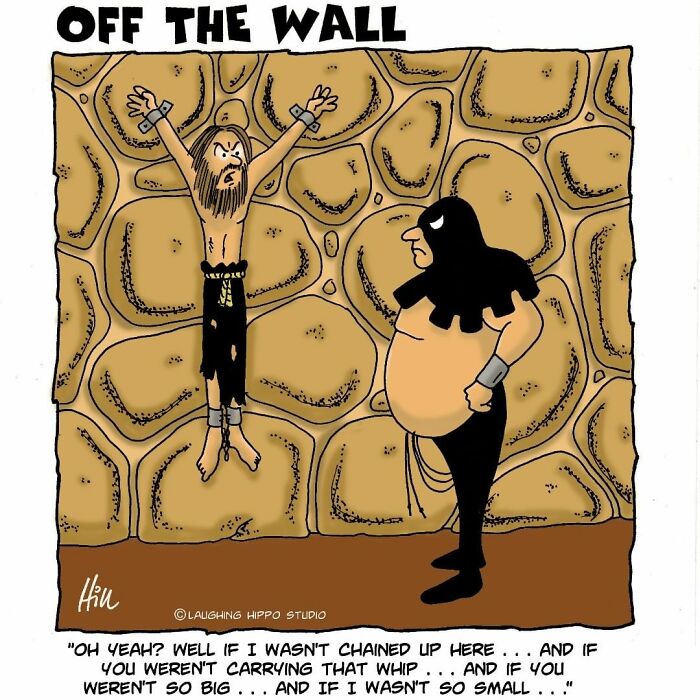 One-panel comic from Laughing Hippo Studio showing a chained man and a large captor with a whip by the wall.