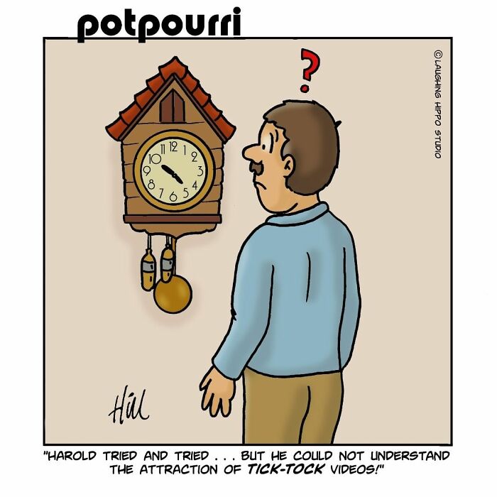 Man confused by a cuckoo clock in a one-panel comic from 30 one-panel comics by Laughing Hippo Studio.