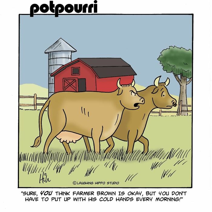One-panel comic by Laughing Hippo Studio featuring cows on a farm with humorous dialogue about Farmer Brown.