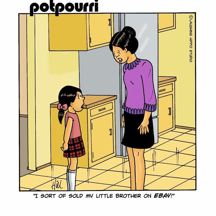 One-panel comic from Laughing Hippo Studio showing a girl telling her mother she sold her brother on eBay.
