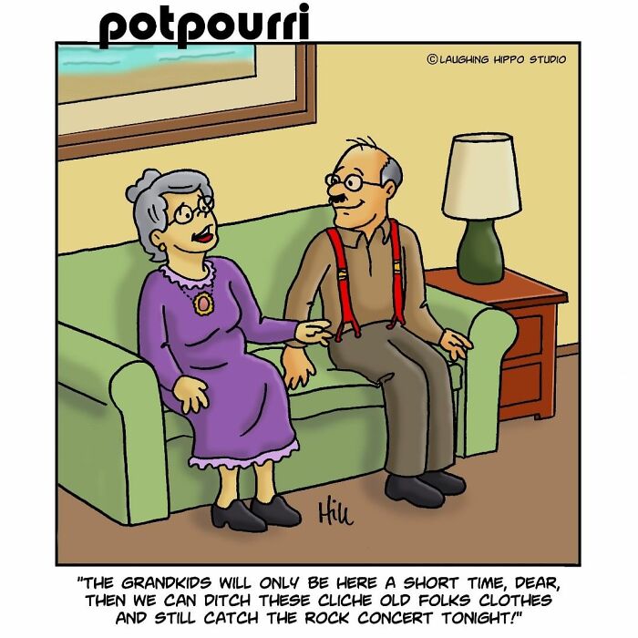 Elderly couple sitting on a couch in a one-panel comic by Laughing Hippo Studio, illustrating humor and daily life.