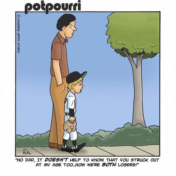 Comic by Laughing Hippo Studio showing a one-panel scene with a dad and son illustrating one-panel comics humor.