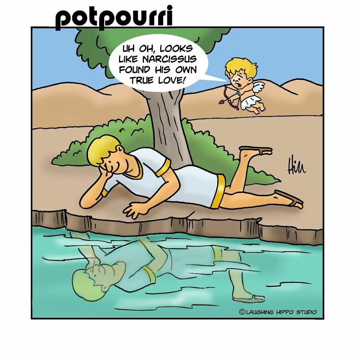 One-panel comic showing Narcissus admiring his reflection in the water with Cupid nearby, from Laughing Hippo Studio.