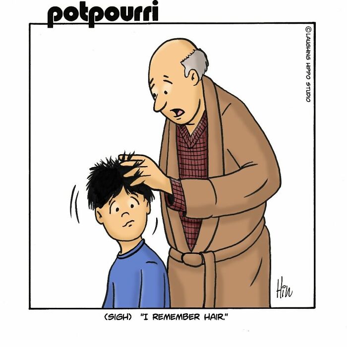 Elderly man touching a boy's hair looking nostalgic in a one-panel comic by Laughing Hippo Studio.