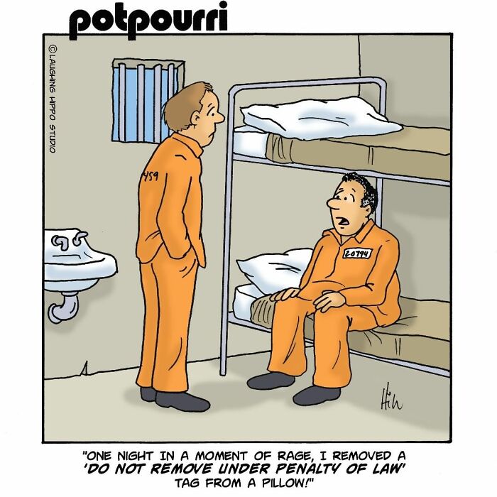 Prisoners in a comic cell discussing a humorous moment in one-panel comics by Laughing Hippo Studio.