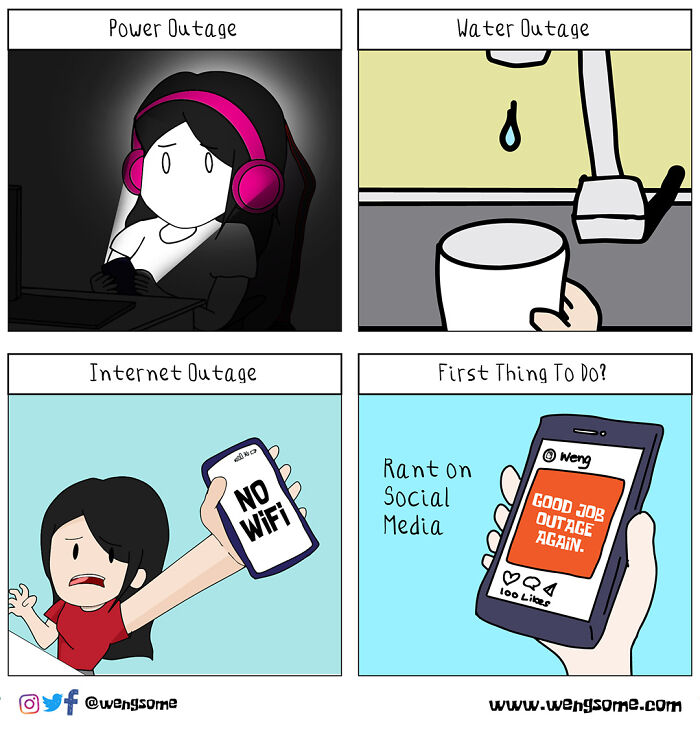 Cartoon showing power, water, and internet outages with a person ranting on social media in a silly slice of life comic.