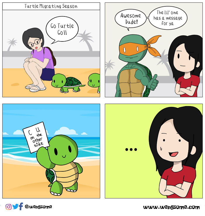 Silly slice of life comic featuring a girl cheering turtles and a humorous message from a turtle on the beach.