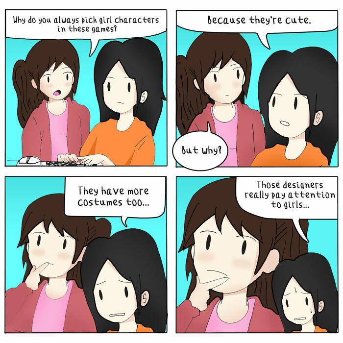 Two girls discuss why games feature girl characters with more cute costumes in a silly slice of life comic.