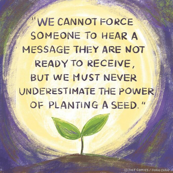 Inspirational comic about the power of planting a seed, highlighting animal a***e and factory farming awareness.