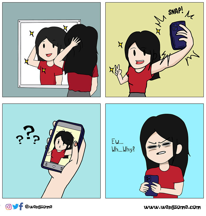 A silly slice of life comic showing a girl taking a selfie that unexpectedly looks funny and confusing.