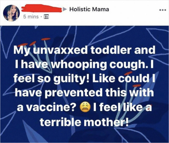 Screenshot of a social media post where a parent feels guilty about their unvaxxed toddler having whooping cough.