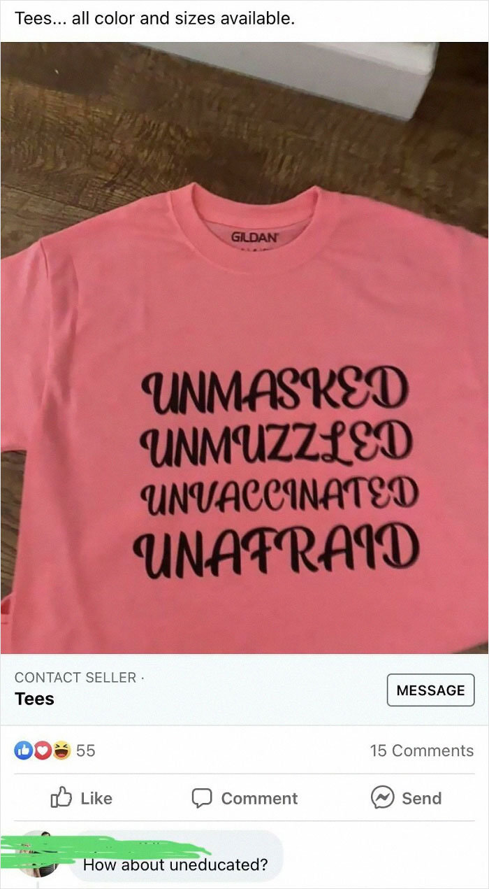Pink t-shirt with bold black text about being unmasked and unvaccinated, featured in insane parents shamed online community discussion.