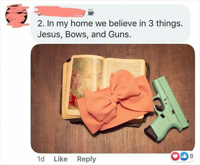 Comment about believing in Jesus, bows, and guns shown with a gun, a large pink bow, and an open Bible on wood.
