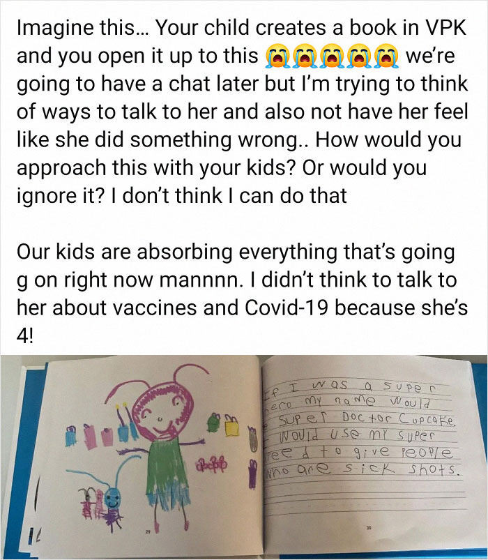 Child's illustrated book about vaccines and Covid-19, highlighting insane parents getting shamed in online community posts.