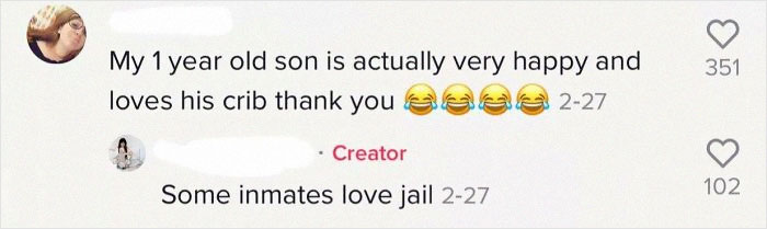 Screenshot of a parent defending their crib choice while getting shamed on an online community for insane parents.