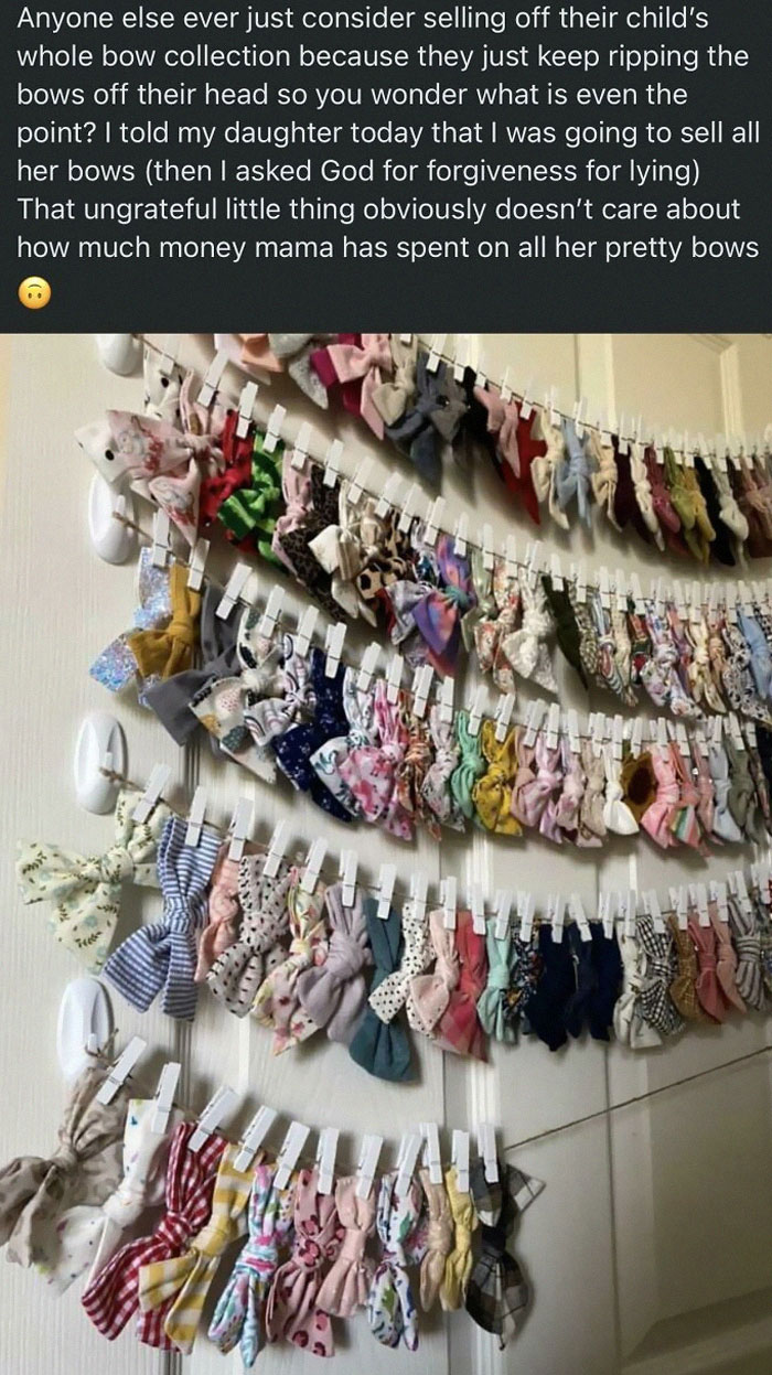 Hundreds of colorful hair bows hanging on strings with clothespins, a relatable insane parenting moment shared online.