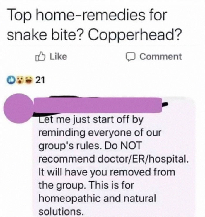 Home remedies for snake bite with a warning against recommending doctors in a discussion from insane parents online community.