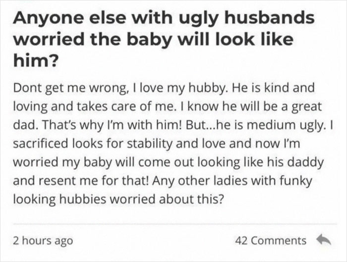 Post from an online community where a parent discusses worries about their baby resembling an ugly husband.
