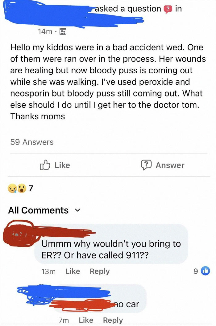 Parent asking for medical advice after child's injury, showing a common scenario of insane parents getting shamed online.