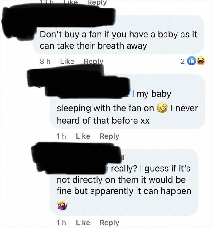 Screenshot of online comments where parents discuss dangers of using fans near babies, highlighting insane parents getting shamed.