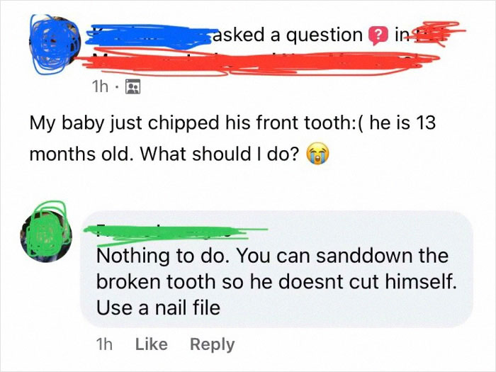 Online community post where a parent shares concerns about a chipped tooth, showcasing insane parents shamed.