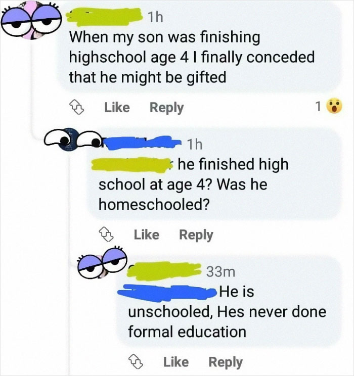 Online comments showing insane parents getting shamed for unschooling their child claiming he finished high school at age 4.