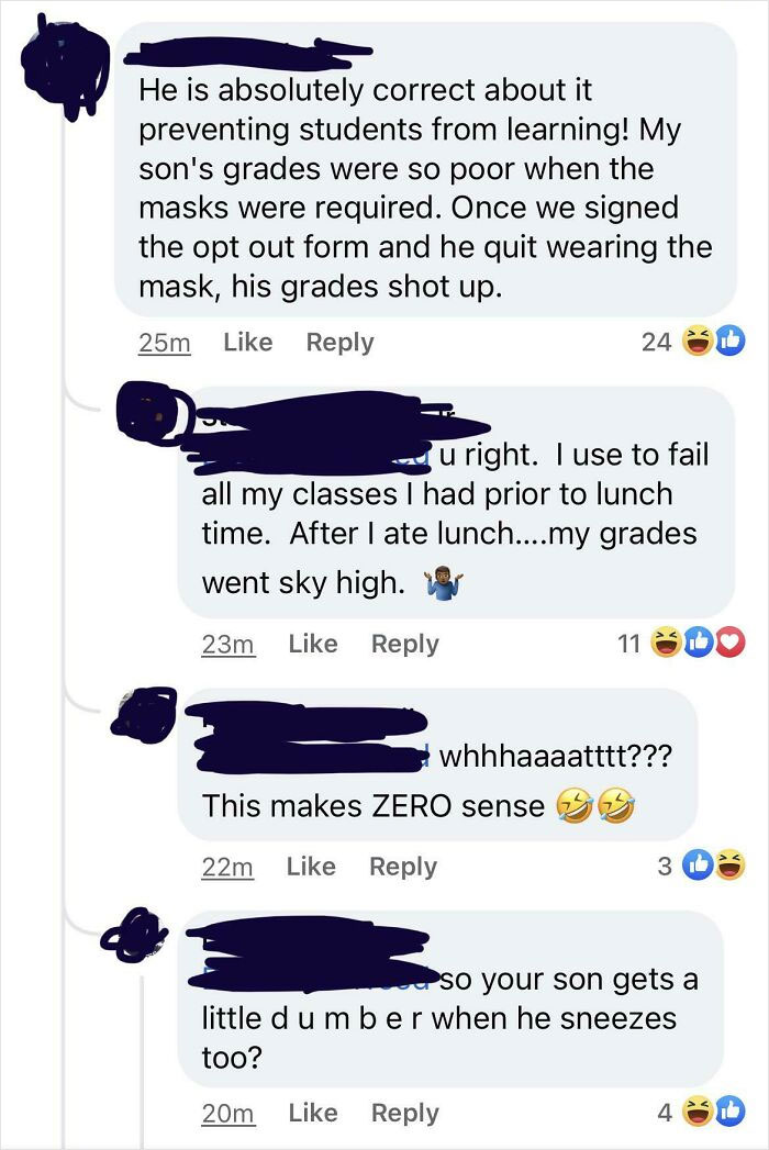 Screenshot of social media comments showing parents debating about masks affecting students' grades in an online community of insane parents shamed.
