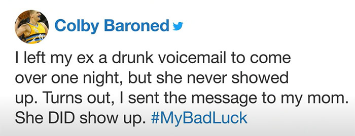 Screenshot of a tweet sharing a funny bad luck moment involving a voicemail sent to the wrong person with hashtag MyBadLuck.