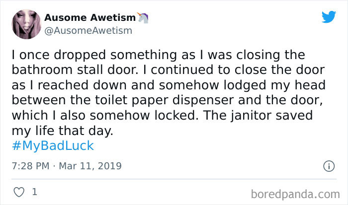 Tweet showing a funny bad luck moment of being stuck in a bathroom stall door, shared under the hashtag MyBadLuck.