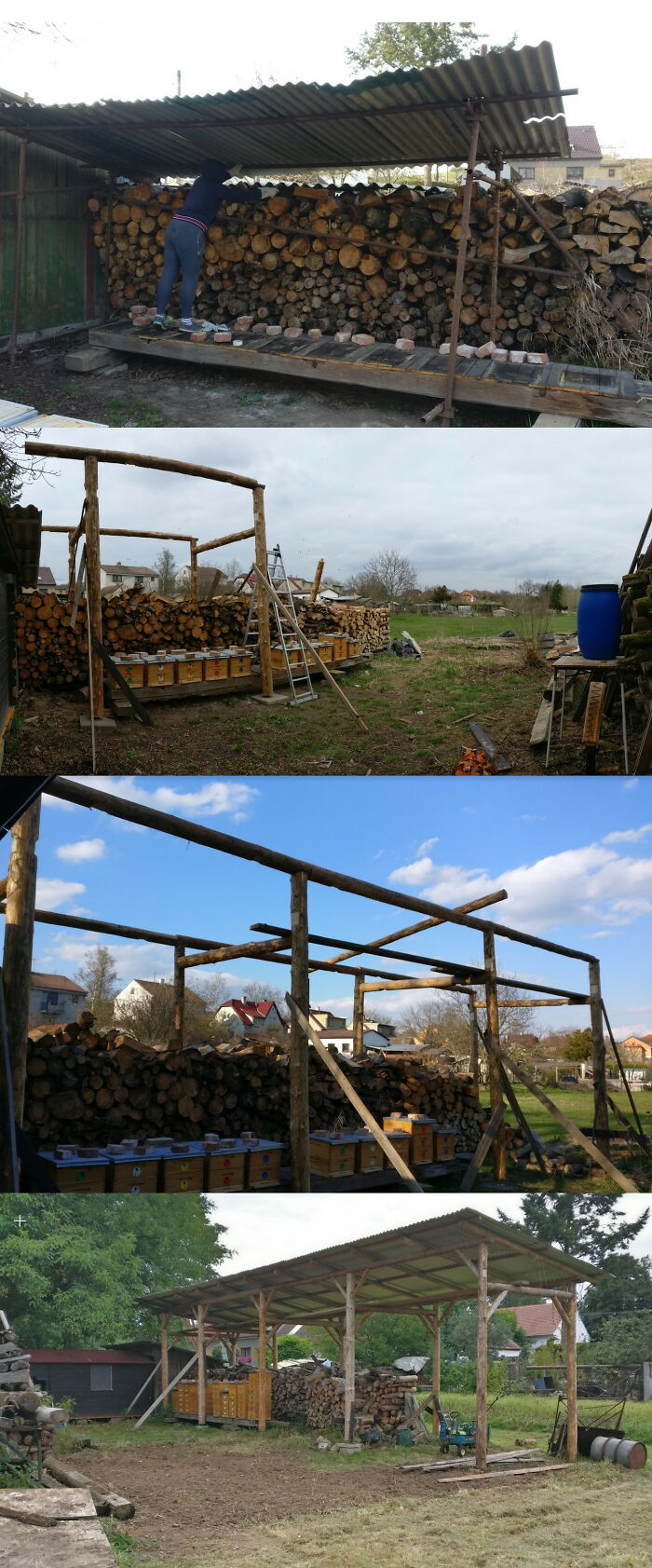 Remake Of Temporary Bee And Firewood Shelter. All Built Only With Hand Tools And Chainsaw.