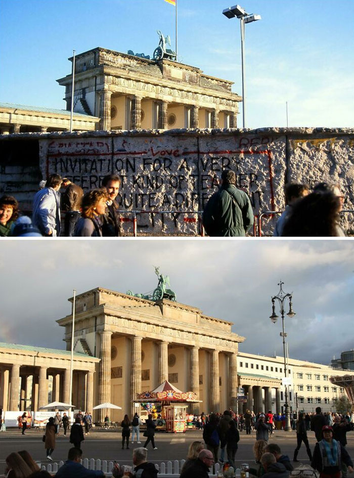 Then and now pics of the Brandenburg Gate showing how time changes scenes and urban life around the landmark.